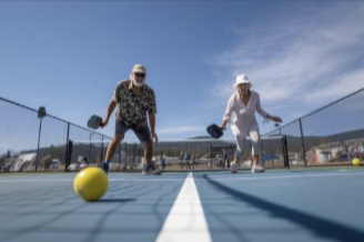 Active adult playing pickleball and performing a lateral movement that can stress the knees and calves.